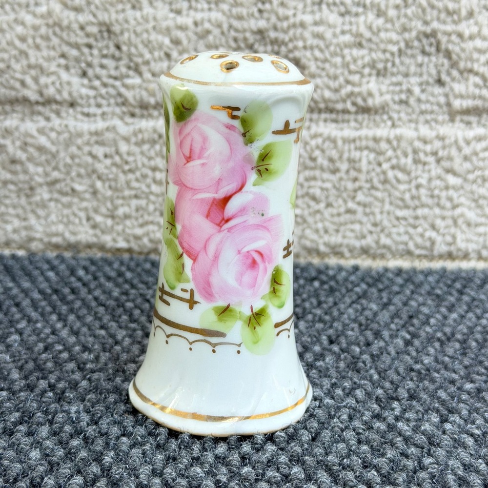 Vintage Japan Porcelain Hatpin Holder Hand Painted Pink Roses Gold Trim 4.25in